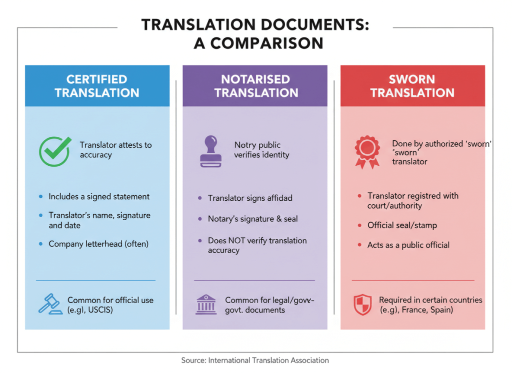 Comparison of certified, notarised and sworn translations