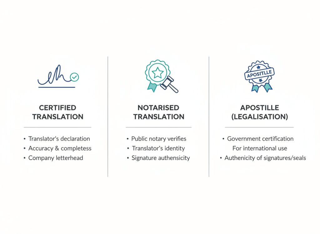 Comparison of certified translation, notarised translation, and apostille