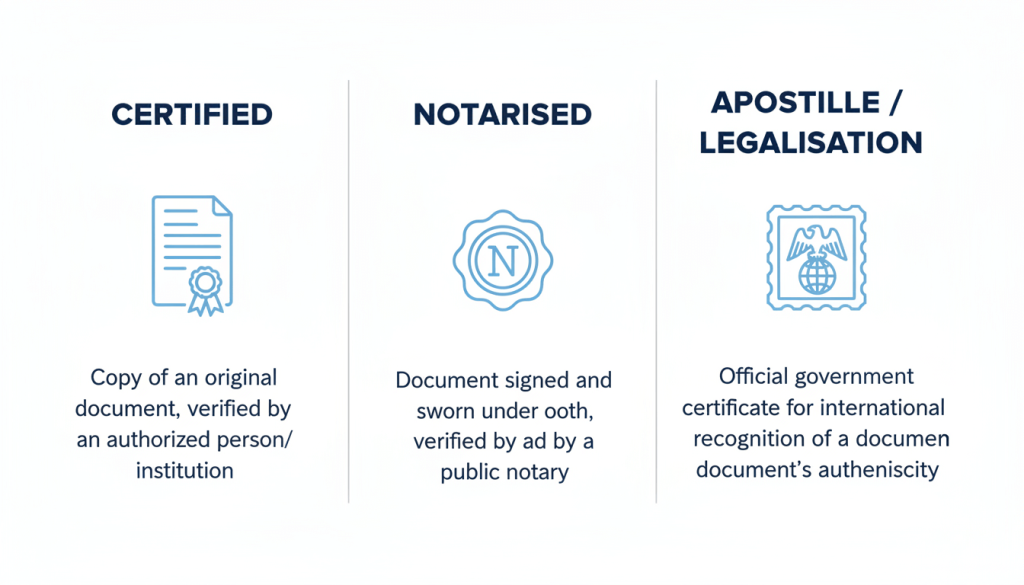 Comparison of certified translation, notarised translation, and apostille for overseas use