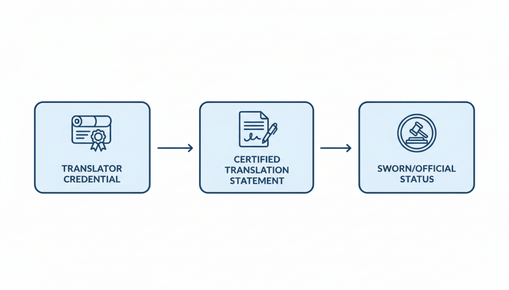 Diagram explaining the difference between certified translator, certified translation, and sworn status