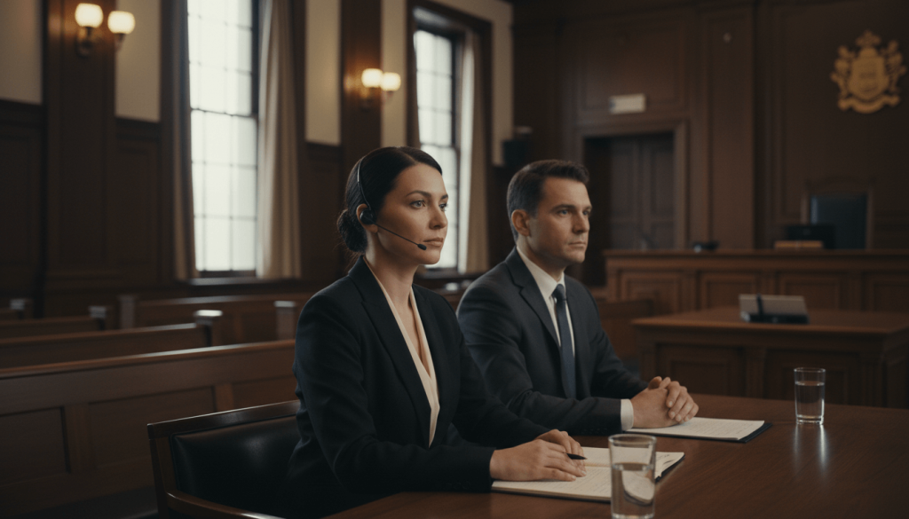 Professional court interpreter working during a hearing in a courtroom setting