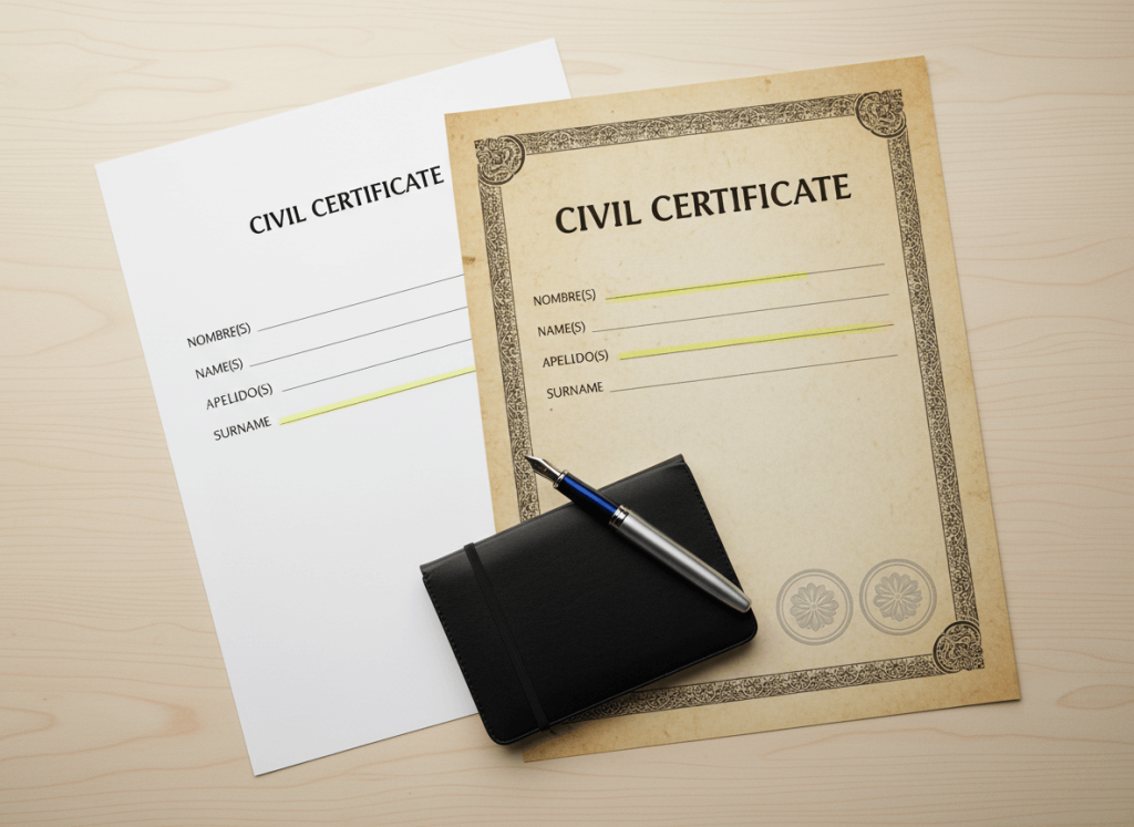 Spanish document with certified English translation and highlighted name fields