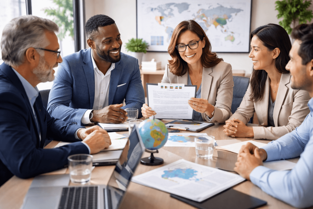 Business professionals discussing translated documents in a global meeting