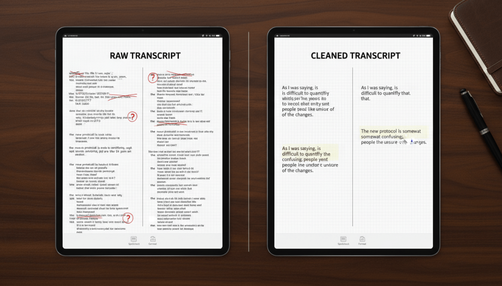 Before and after example of editing an interview transcript