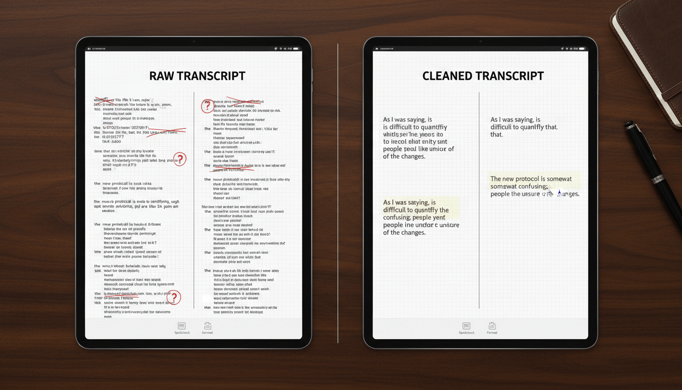 Before and after example of editing an interview transcript for readability