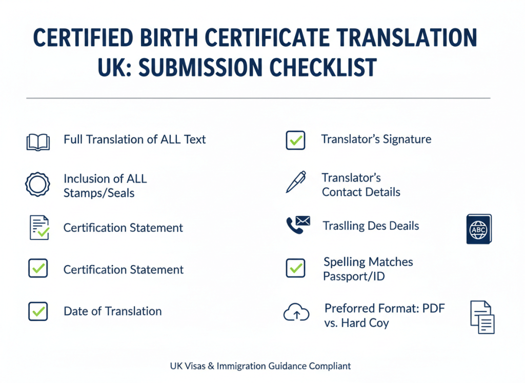 Certified birth certificate translation UK checklist for submission