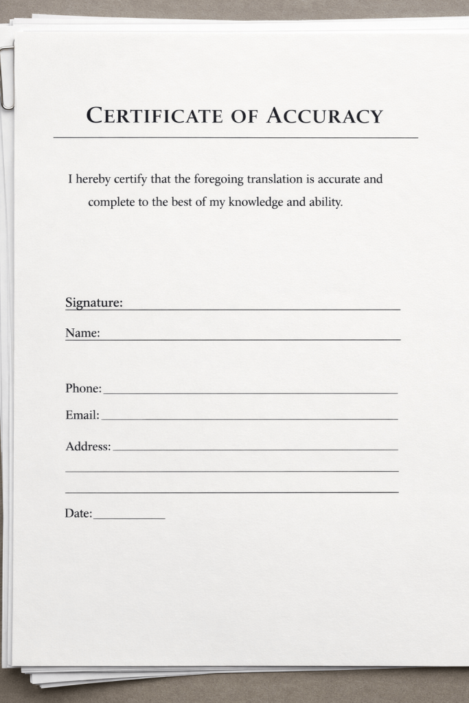 Certified translation statement showing required details for official submission.