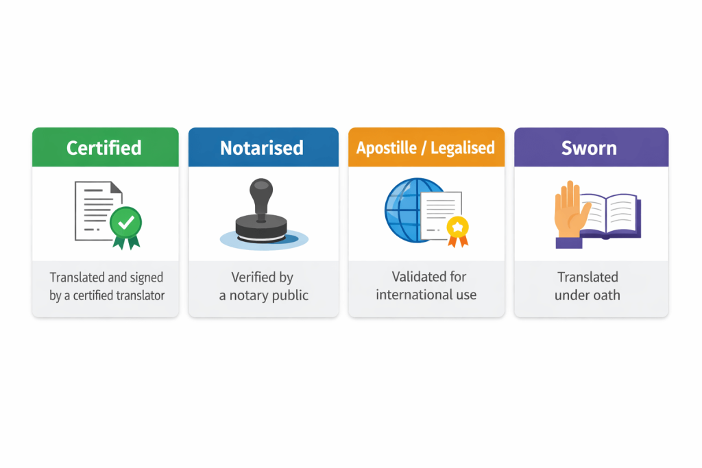 Certified vs notarised vs apostille vs sworn translation