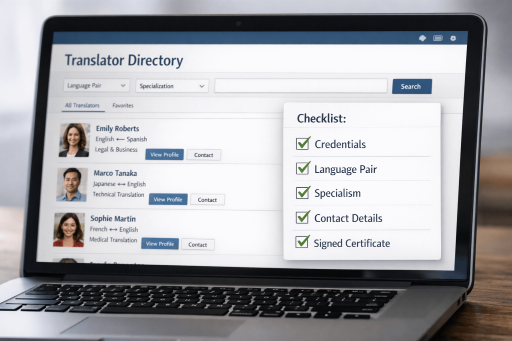 Checklist for verifying translator credentials and certified translation requirements before submitting documents.