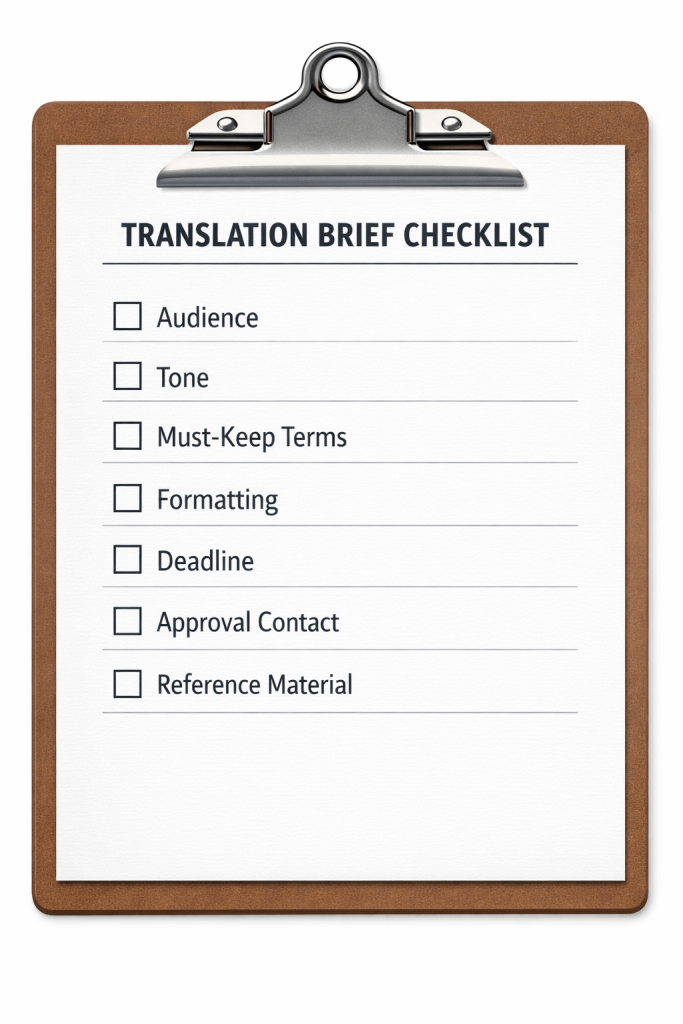 Checklist template for briefing Welsh translation services for an English to Welsh conversion.
