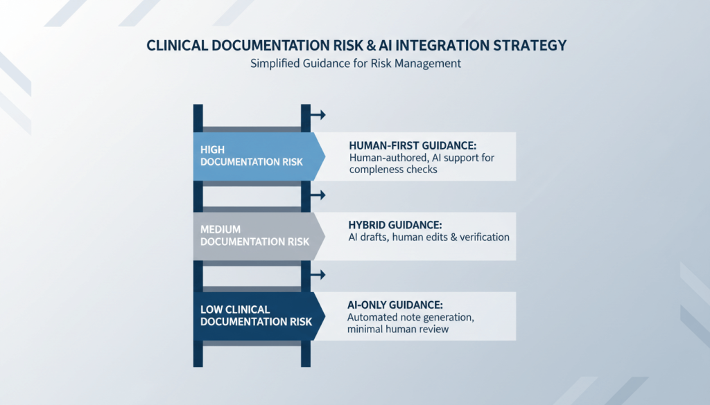 Clinical risk ladder for choosing AI, hybrid, or human medical transcription