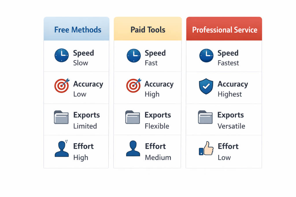 Comparison of free, paid, and professional methods to transcribe video to text