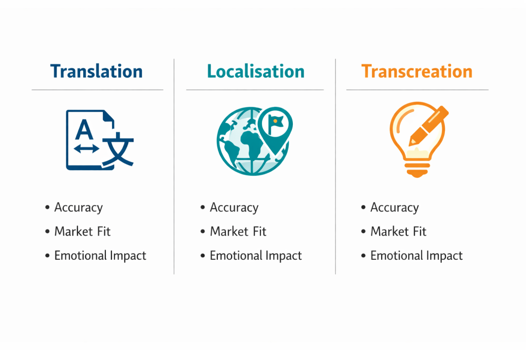 Comparison of translation vs localisation vs transcreation by goal and best use cases