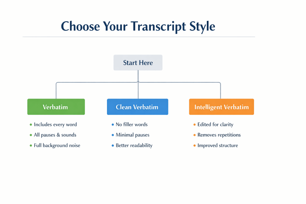 Decision tree showing when to use verbatim, clean verbatim, or intelligent verbatim transcription