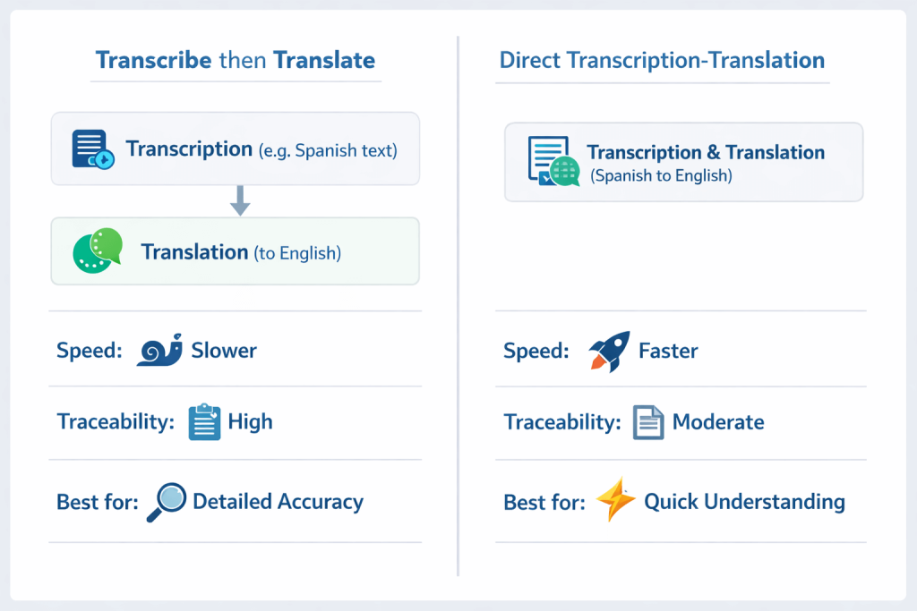 Diagram comparing transcribe-then-translate workflow with direct transcription-translation for multilingual audio.