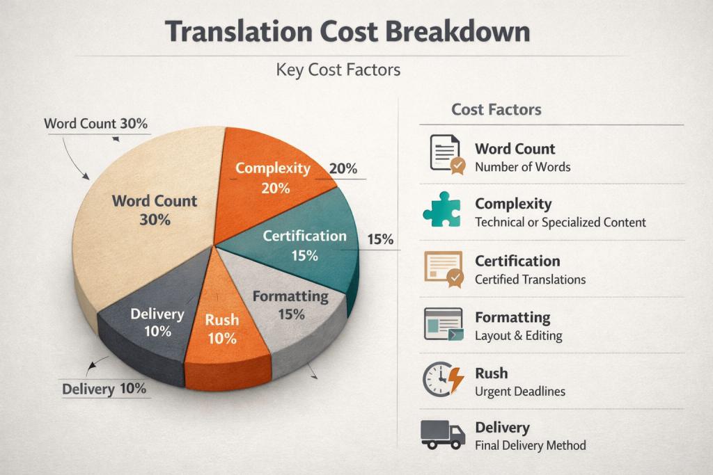Document translation cost breakdown by key pricing factors.