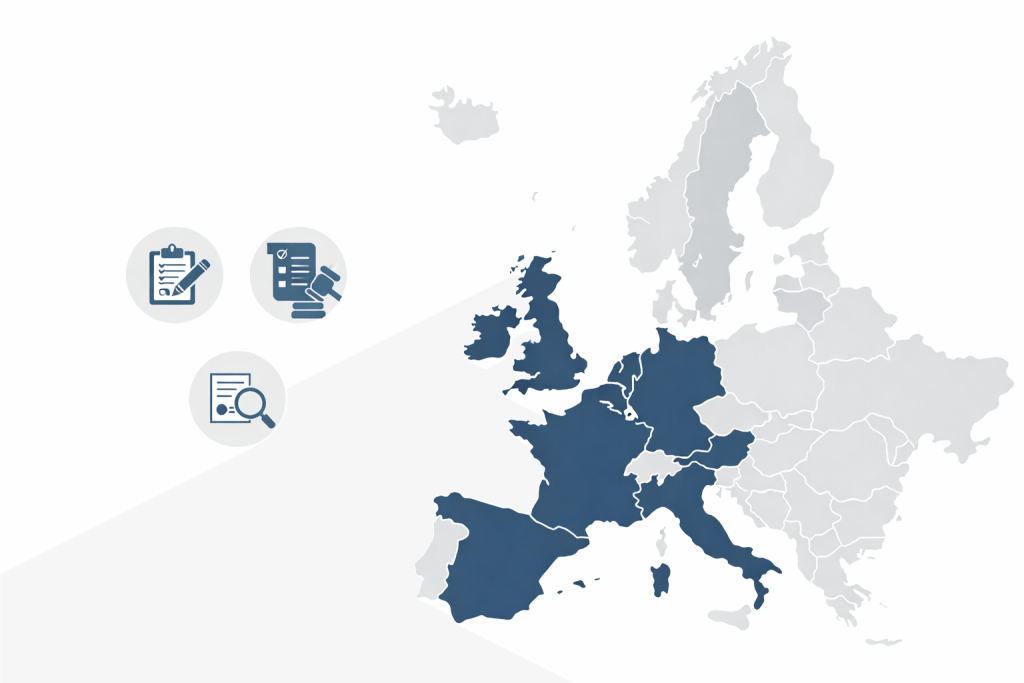 Europe map showing different sworn translator systems by country