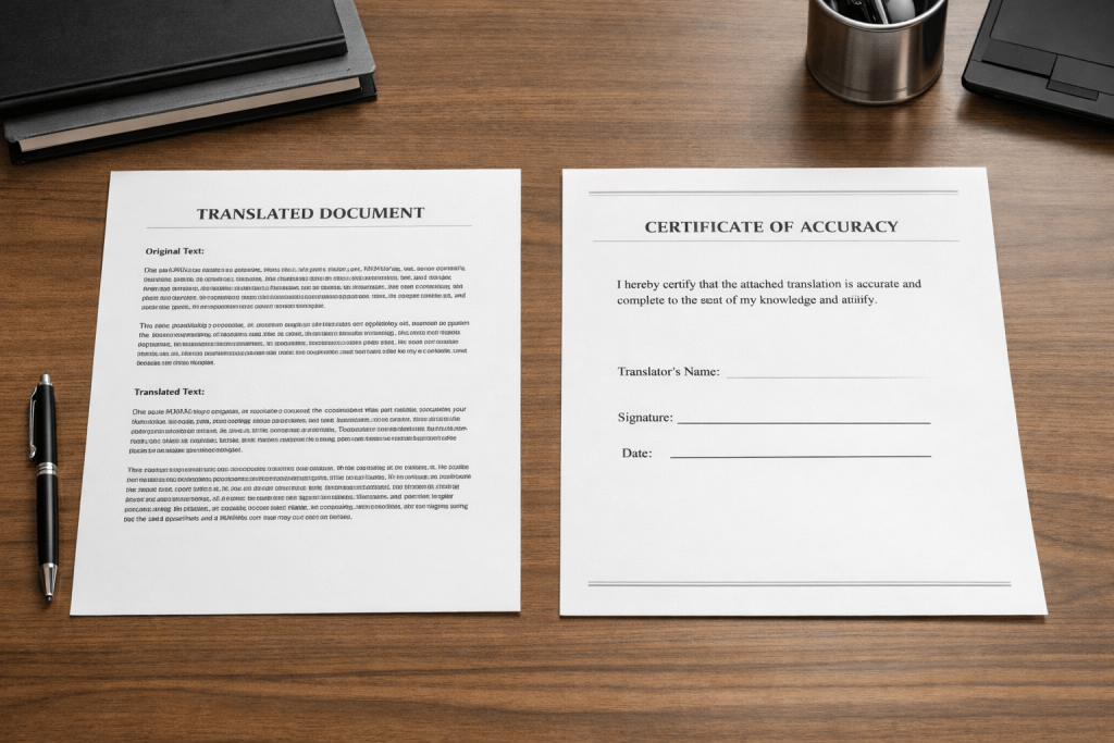 Example layout of a UK certificate of accuracy attached to a translated document.