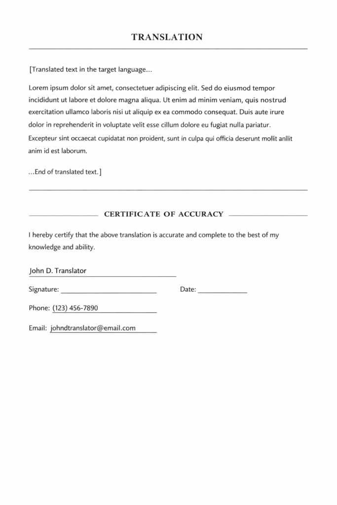 Example of a certified translation certificate block with signature and contact details