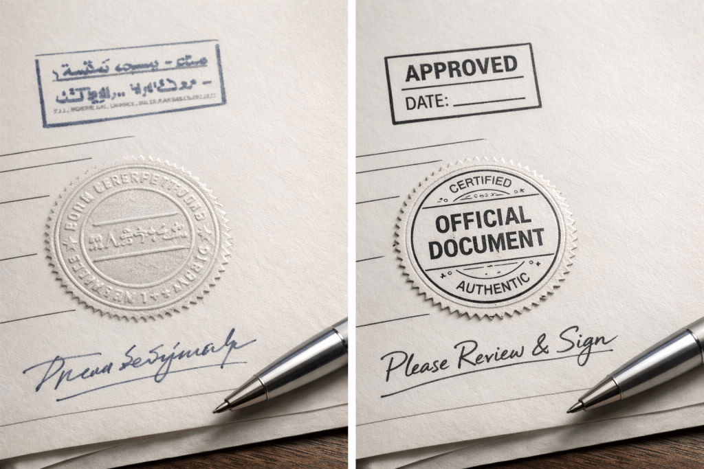 Example of stamps and handwritten notes that should be included in document translation