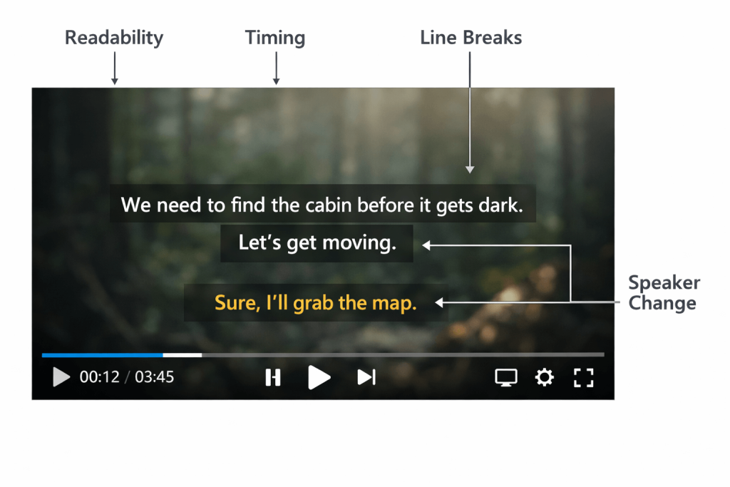 Example of well-formatted subtitles with clear timing and readable line breaks