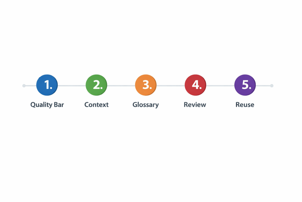 Five-step workflow timeline for producing reliable Welsh translations from English.