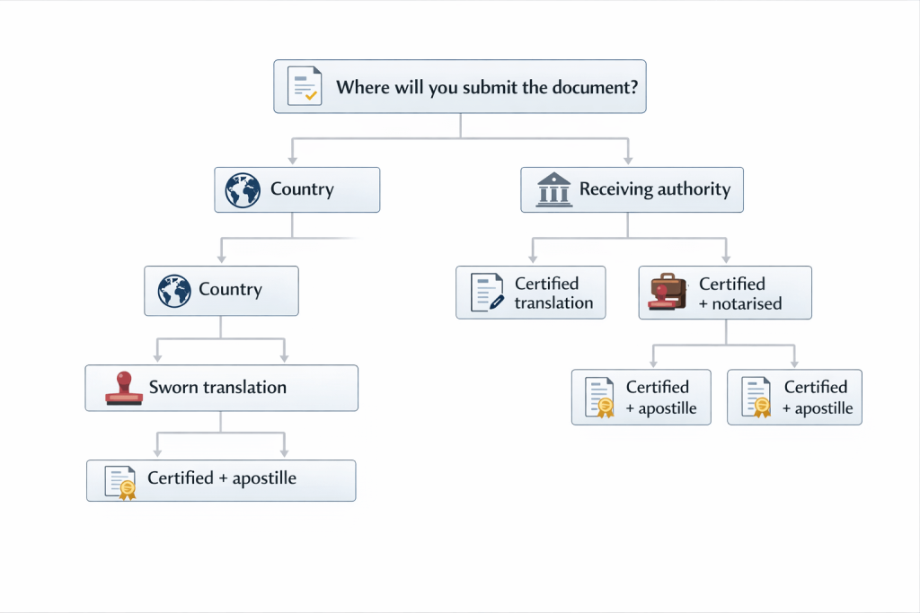 Flowchart showing how to choose sworn or certified translation