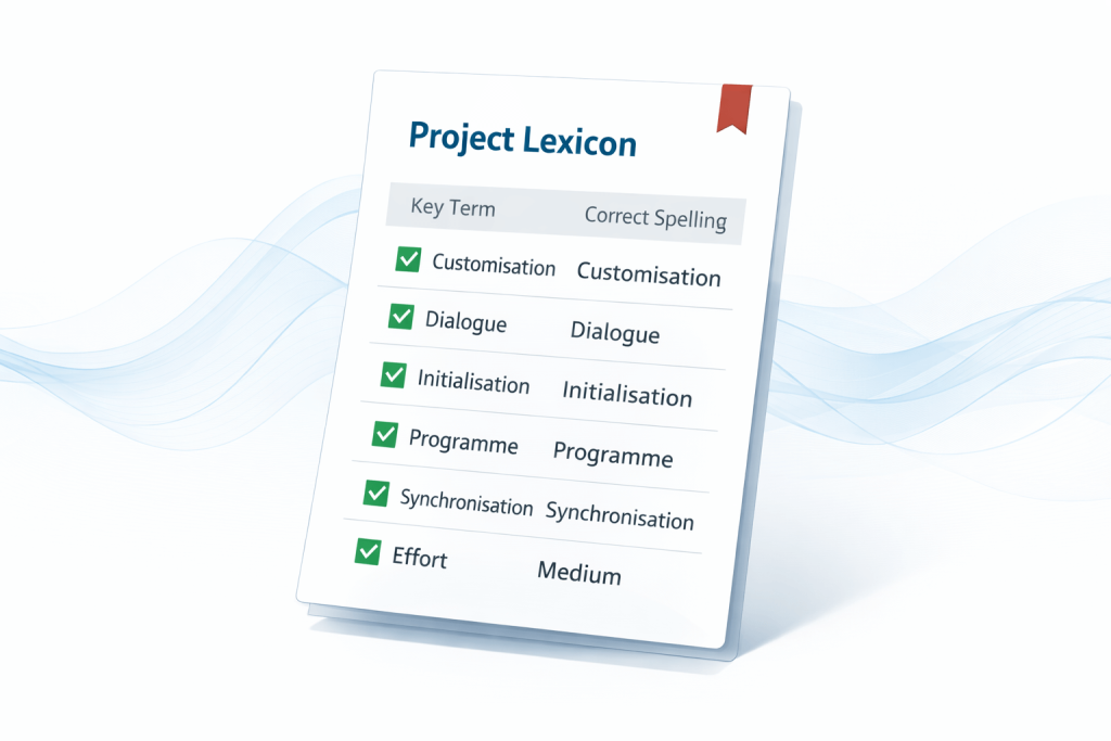 Glossary or lexicon used to improve transcription accuracy for specialist terms