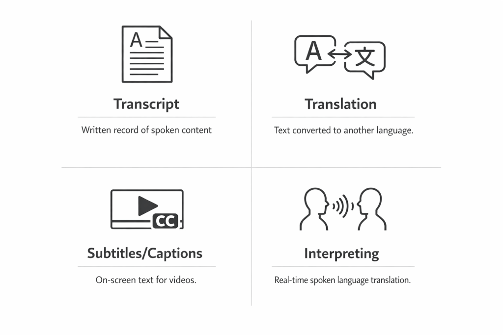 Grid showing transcript translation subtitlescaptions and interpreting with short descriptions of each deliverable.