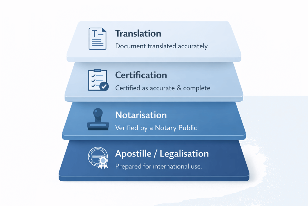 Infographic explaining translation, certification, notarisation, and apostille layers