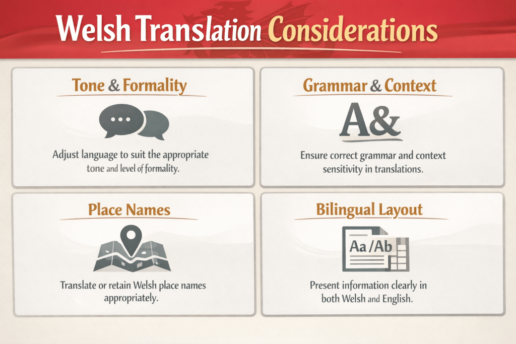Infographic of Welsh translation challenges including tone, grammar, place names, and bilingual layout
