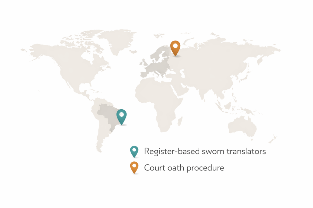 Map illustrating regions where sworn translation is commonly required