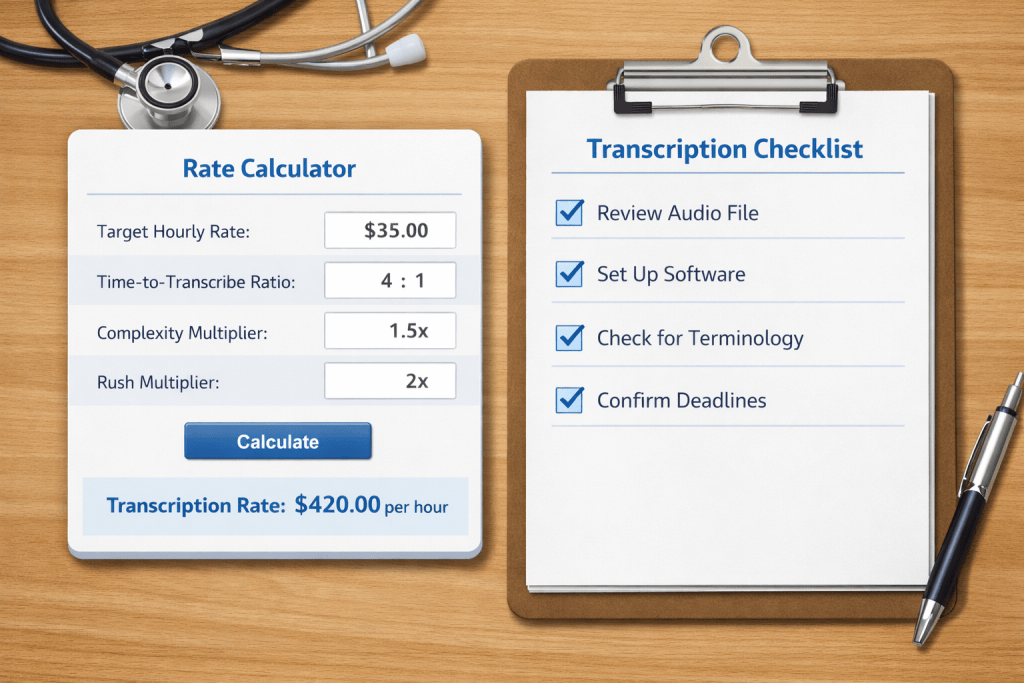 Medical transcription rate calculator inputs for setting per-minute and per-line pricing