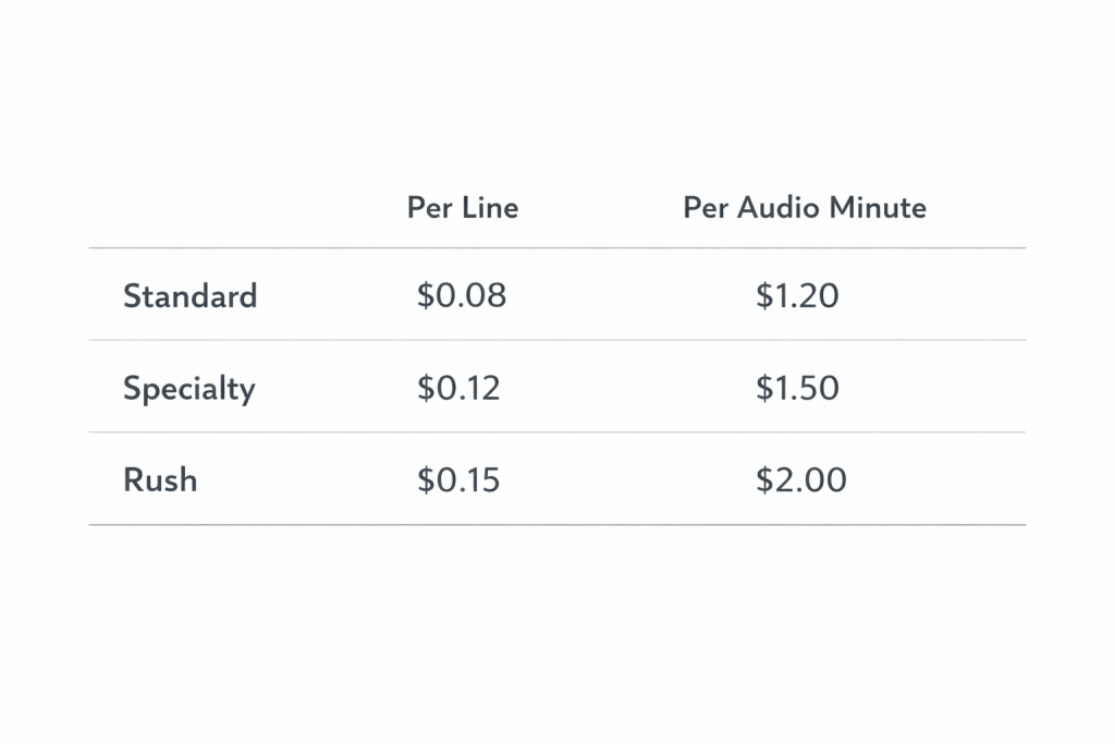 Medical transcription rate table for 2026 with per-line and per-minute ranges