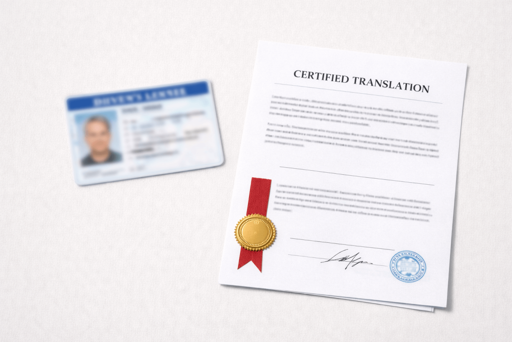 Notarised translation of a driver’s licence with certification