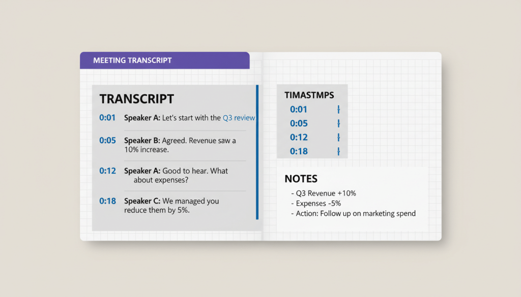 OneNote page showing transcript with timestamps and notes