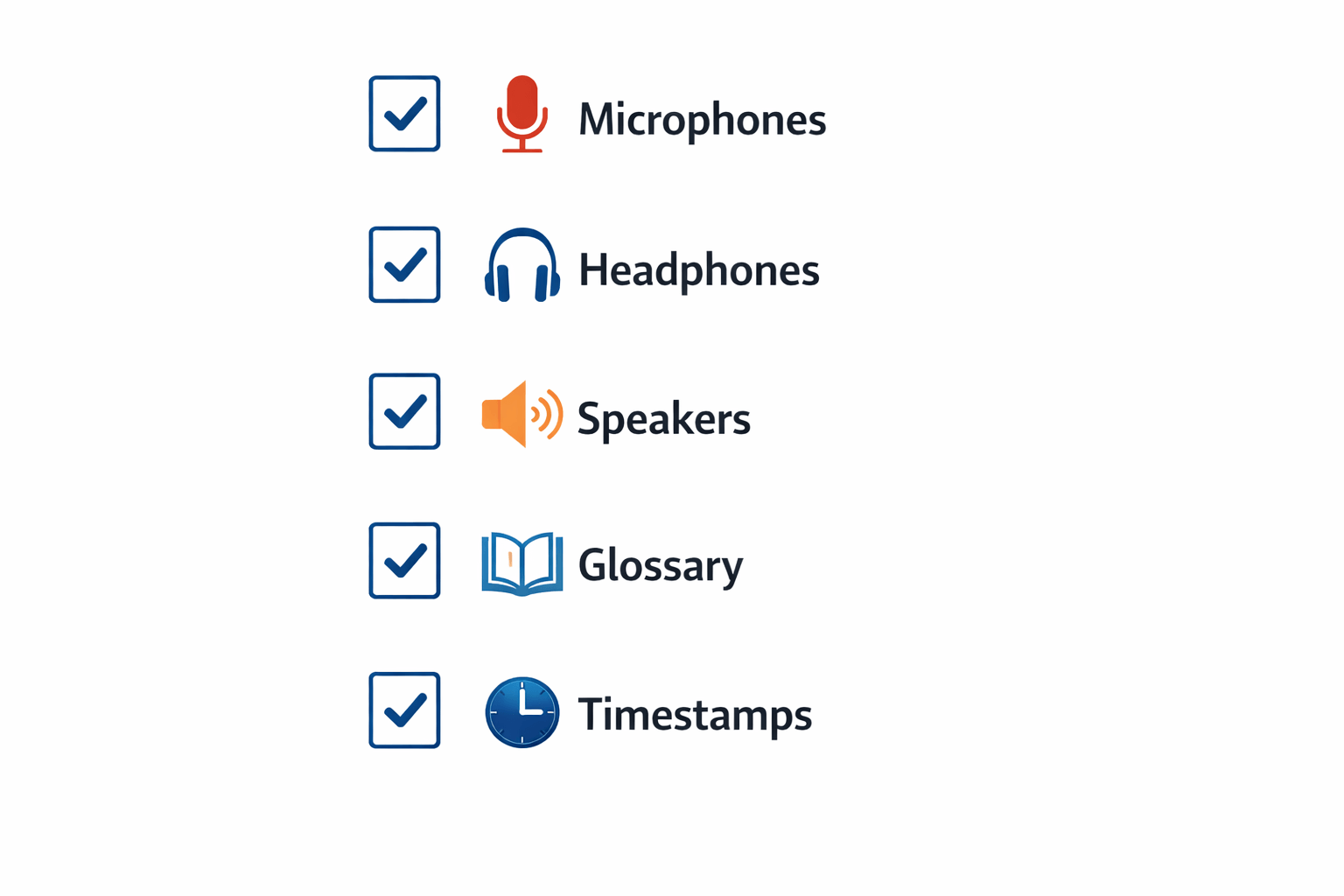 Pre-transcription checklist covering audio quality, names, glossary and timestamps