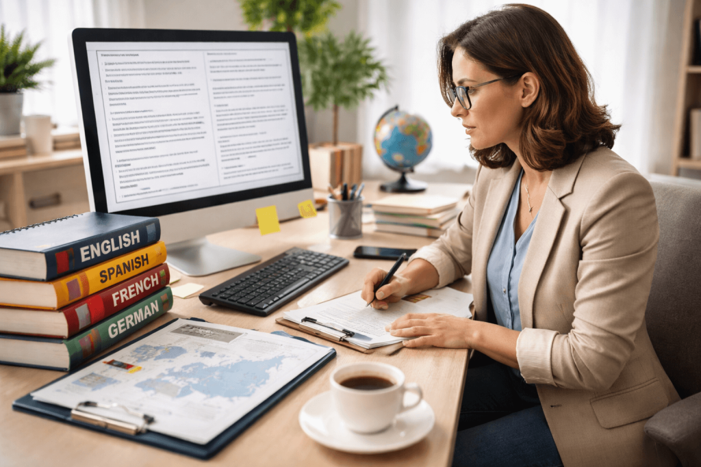 Professional translator working on document translation services