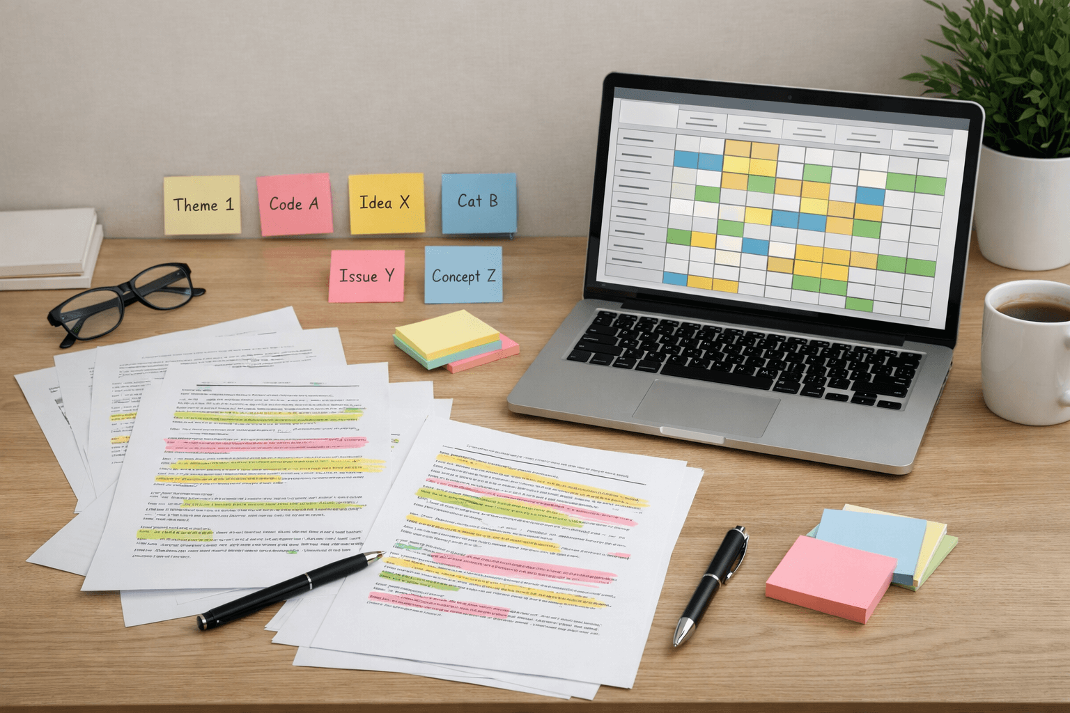 Researcher coding qualitative interview transcripts with highlighted text and notes