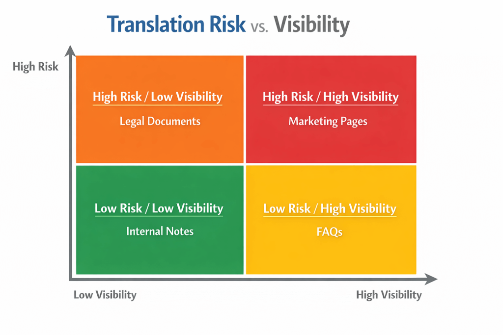 Risk matrix mapping content visibility and risk for English to Welsh conversion projects.