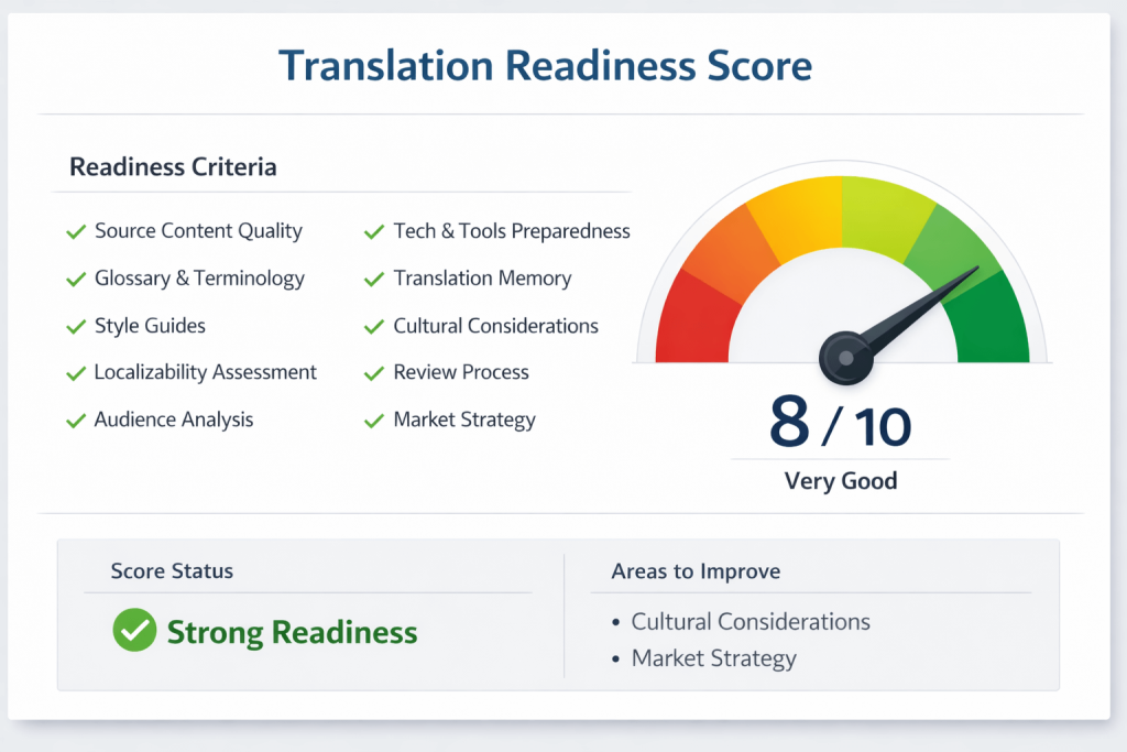 Scorecard showing translation readiness criteria and score.