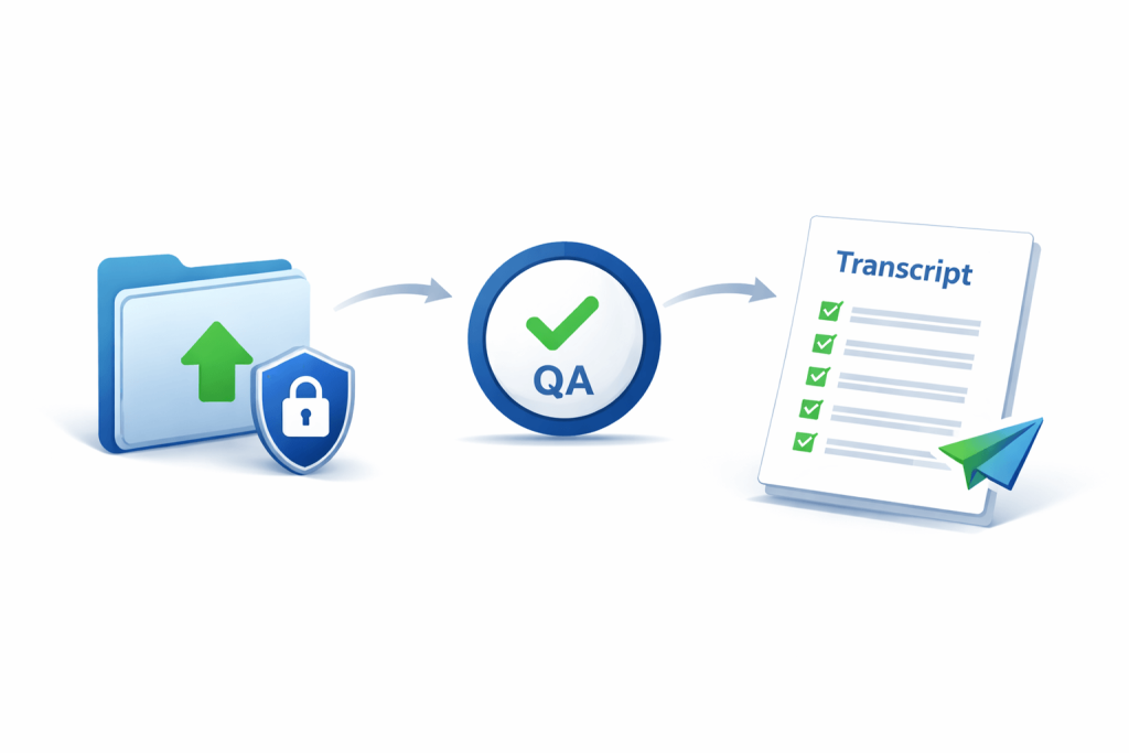 Secure transcription workflow - upload, quality checks, and delivery of an editable transcript