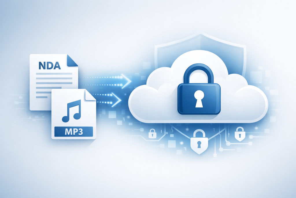 Secure upload illustration showing files transferred into a protected system with a lock icon for confidentiality.