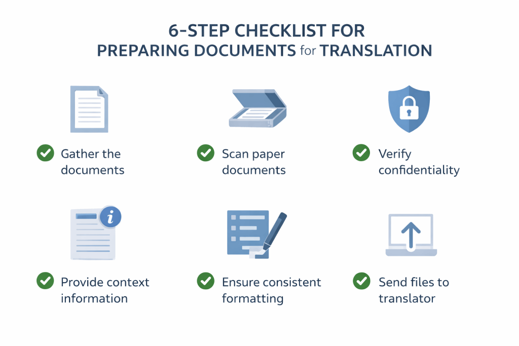 Six-step checklist for preparing documents for translation.