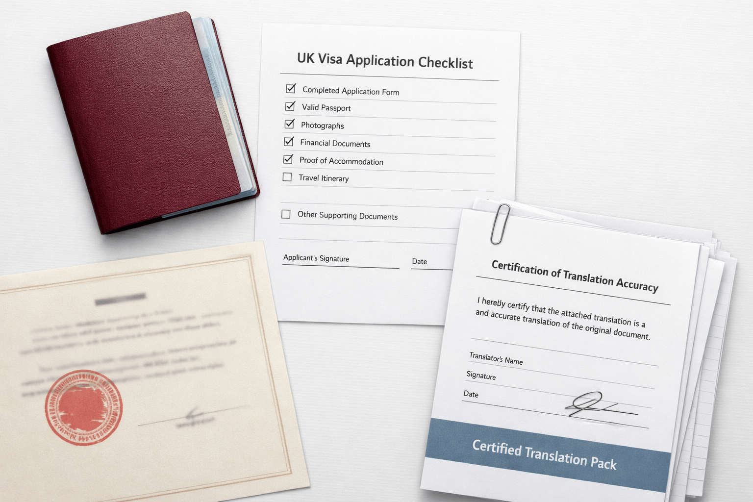 Skilled Worker visa document translation pack with certified statement