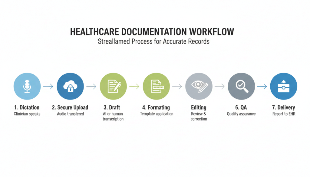 Step-by-step medical transcription workflow from dictation to final delivery