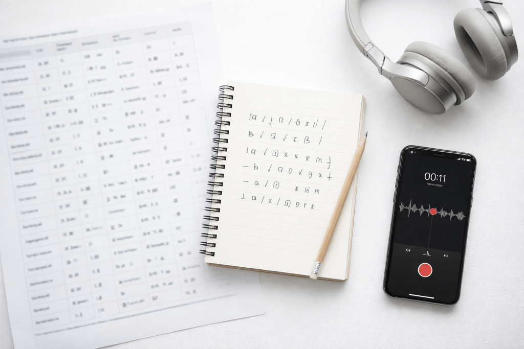 Student setup for IPA transcription with chart, notes, and audio tools