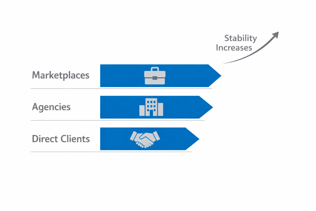 Three-lane pipeline for finding freelance translation jobs marketplaces agencies and direct clients.
