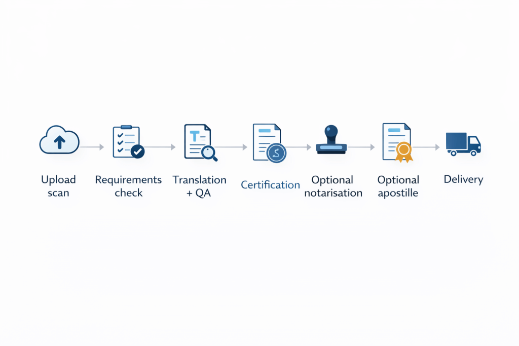 Timeline showing the official translation process from upload to delivery