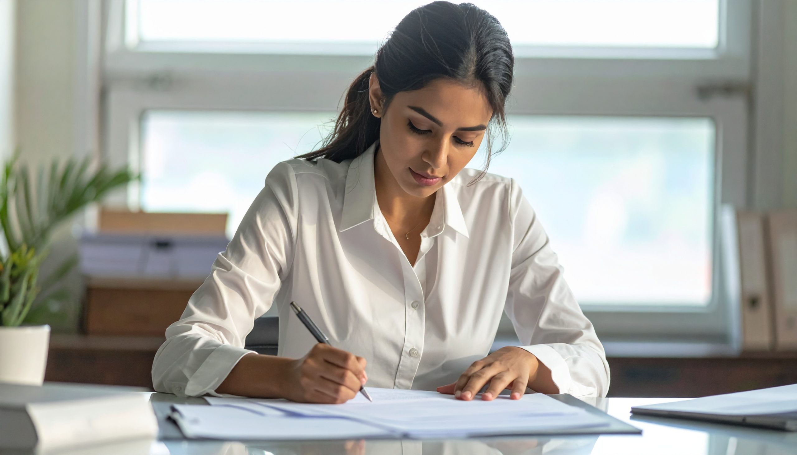 Translator at work with USCIS documents, providing certified translations for immigration